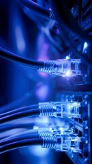 Wall Mural - A network switch with glowing blue data cables in an internet server room