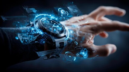 Wall Mural - A smart watch on someone's wrist, with digital screens floating around it displaying various AI interface designs and icons