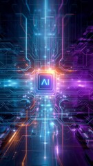 Wall Mural - a futuristic abstract technology background with neon lights and glowing circuit lines