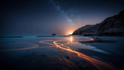 Wall Mural - a beach covered with glowing stones and golden sand under moonlight, creating a dreamy atmosphere