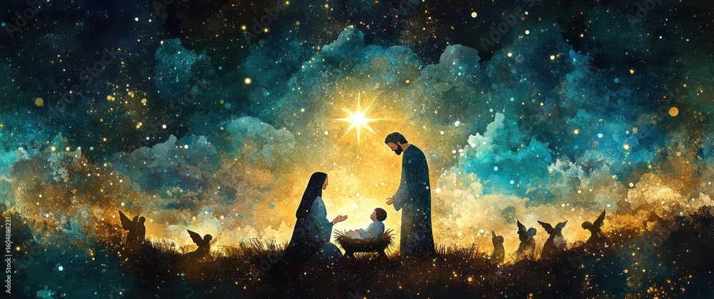 Beautiful watercolor illustration of a nativity scene under a starry ...