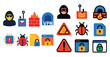 © VideoHub - Collection of icons for computer security and privacy. The icons include a key, a lock, a fire, a bug, a person with sunglasses, and a person with a gun. The icons are arranged in a grid