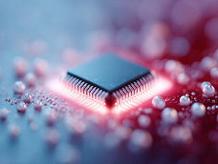 Wall Mural - closeup of a microchip on a circuit board, glowing with a warm light. represents technology, innovat