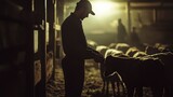 Silhouette of a farmer tending to cattle in a dimly lit barn with other figures in the background
