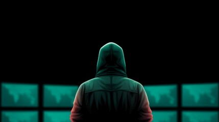 A person in a hooded jacket faces multiple digital screens displaying world maps in a dark, cyber-themed environment.
