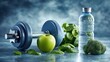 © Ali - The dumbbell alongside healthy food choices for a balanced lifestyle.
