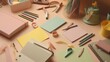 © Ivan - Colorful pastel stationery supplies creating a creative workspace on beige surface