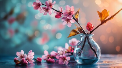 Wall Mural - pink spring blossoms in glass vase with bokeh lights