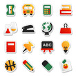 © Qeeraw - Vector collection of cartoon school icons with bus, calculator, globe, clipboard, ABC board, light bulb, lab flask, pencil, notebook, etc. Stickers isolated with cut out lines. Back to school flat set