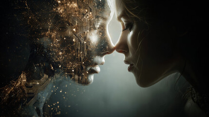 Wall Mural - a beautiful woman and an ai robot facing each other, concept of integration between humans and artif