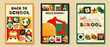 © Qeeraw - Set of three vertical back to school posters or flyers featuring educational icons like globe, books, lamp, and school bus. Trendy cards in vibrant, geometric mosaic style.