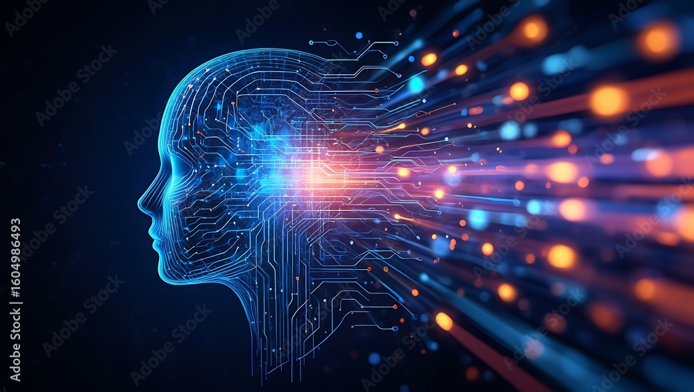Abstract digital human head with glowing data streams flowing outwards ...