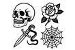 © Fora - Skull, rose, dagger with snake, spider web - black and white tattoo designs