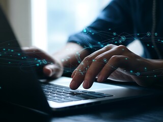 Person typing on laptop with digital network overlay hands computer