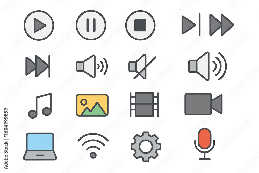 Set of media and sound control icons including play, pause, and volume ...