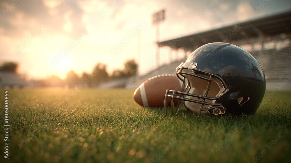 football and helmet in grass American Wall Mural – Wallmonkeys American Football Helmet and Ball