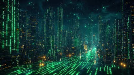 futuristic city at night, digital coding