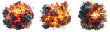 Three distinct fiery explosions with smoke and embers against a transparent background showcasing raw power and destruction