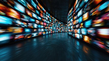 A vibrant digital gallery showcasing a dynamic array of colorful screens in an immersive space.