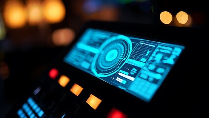 Futuristic digital interface with glowing blue data display and control buttons