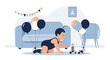 © SATITI - Adorable Toddler Crawling On Floor With Balloons In Living Room For Birthday Party