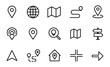 © Denis - Navigation and location icon set with pin, map, route, direction, arrow, house, globe