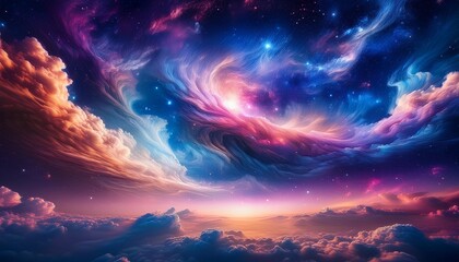 dreamy swirling clouds in vibrant colors blending with a starry night sky background cosmic abstract