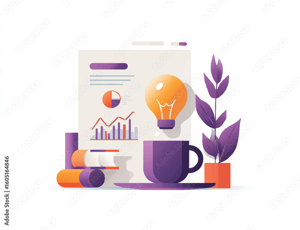 Business idea and planning vector illustration with coffee cup and ...