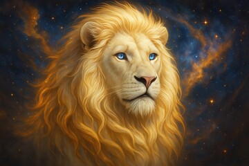 Wall Mural - regal white lion with golden mane flowing like liquid light against cosmic starfield background