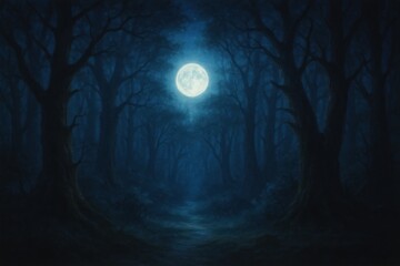 Wall Mural - Mystical full moon illuminating enchanted dark forest with ethereal lighting and magical fairy tale atmosphere