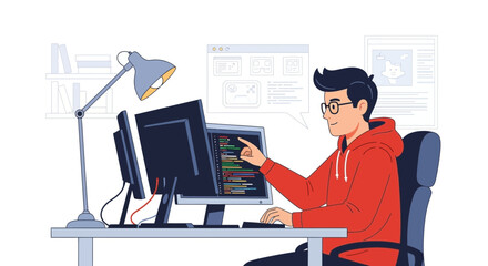 Young Programmer Working On Multiple Computer Screens In Home Office