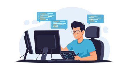 Young Programmer Working On Multiple Screens At Desk In Modern Office