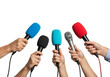 © Pixel_Glow - Many hands holding colorful microphones for a press conference or interview. Isolated on transparent background, png