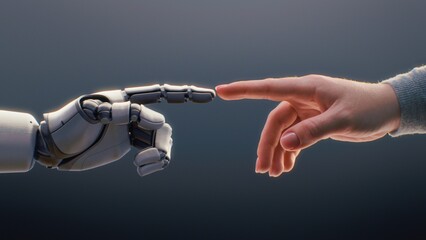 Futuristic Concept of Humanity and Artificial Intelligence Collaboration: Visualization of Humanoid Robot and Human Touching Fingertips, Creating Sparkling Light. Symbol of Technology and Innovation.