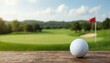 © Pete - Golf ball rests on rustic wooden table surface, ready for play. Rich green golf course fairway with distant flag and sand trap creates a peaceful, sunny outdoor scene.