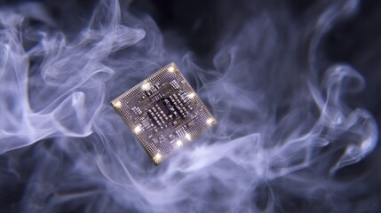 Wall Mural - advanced microchip technology highlighted by a neuromorphic chiplet suspended in swirling nitrogen f