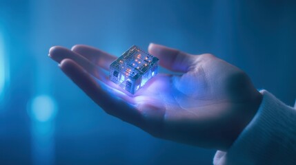 Wall Mural - engineer presents a newly fabricated, small form factor ai accelerator chip, illuminated by a soft b