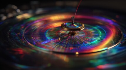 Wall Mural - metallic spinning top generating vibrant holographic projection with iridescent rainbow like hues, s