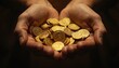 © Pete - Man counting gold coins in warm lighting. Hands hold shiny treasure wealth. Finance, currency, investment concept. Rustic, textured display. Closeup detail, soft glow, bright illumination.