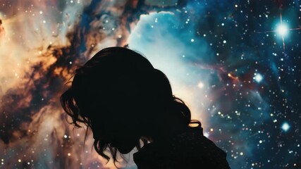 Wall Mural - a person gazing at the cosmic spectacle, possibly contemplating the mysteries of the universe.