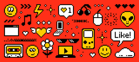 Wall Mural - pixel art y2k vector icons, with social media, gaming, and tech elements. digital vintage nostalgia 