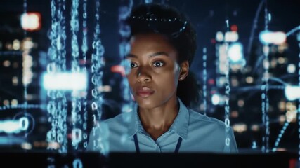 Focused woman immersed in digital data stream, representing technology and innovation