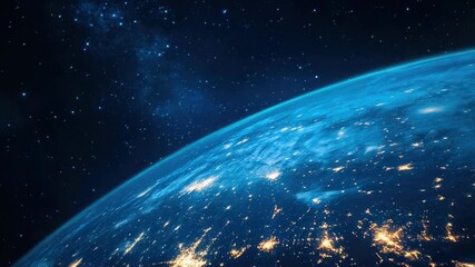 Wall Mural - a view of earth from space showing cities lit up at night against a backdrop of stars.