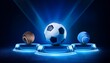 © Ina - sports betting digital banner for website with sport balls on blue hologram digital podiums in dark empty scene
