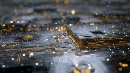 Wall Mural - golden electrical current flows through the intricate layers of a flexible circuit board, embedded w