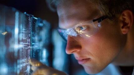 Wall Mural - laboratory technician meticulously monitors helium ion printer, ensuring precise alignment with inte