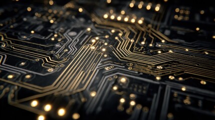 Wall Mural - golden traces and glowing components revealing intricate electronic design, highlighting precision a