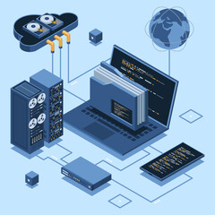 Wall Mural - isometric cloud authentication system with laptop. cloud technology computing concept. cloud databas