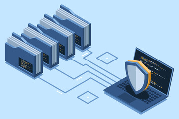 Wall Mural - isometric data protection with folder and laptop. folder security. safe documents and folder. cybers