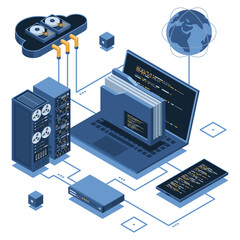 Wall Mural - isometric cloud authentication system with laptop. cloud technology computing concept. cloud databas